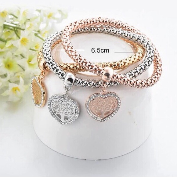 ‼️ RE-STOCK‼️🌳 Tree of Life -Heart Charm Bangle 3 Piece Bracelet Set NWT - Picture 4 of 14